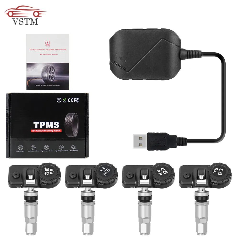 USB Android TPMS Car Tire Pressure Monitor With 4 External Sensors 116 psi Monitoring Alarm System 5V Wireless Transmission TPMS