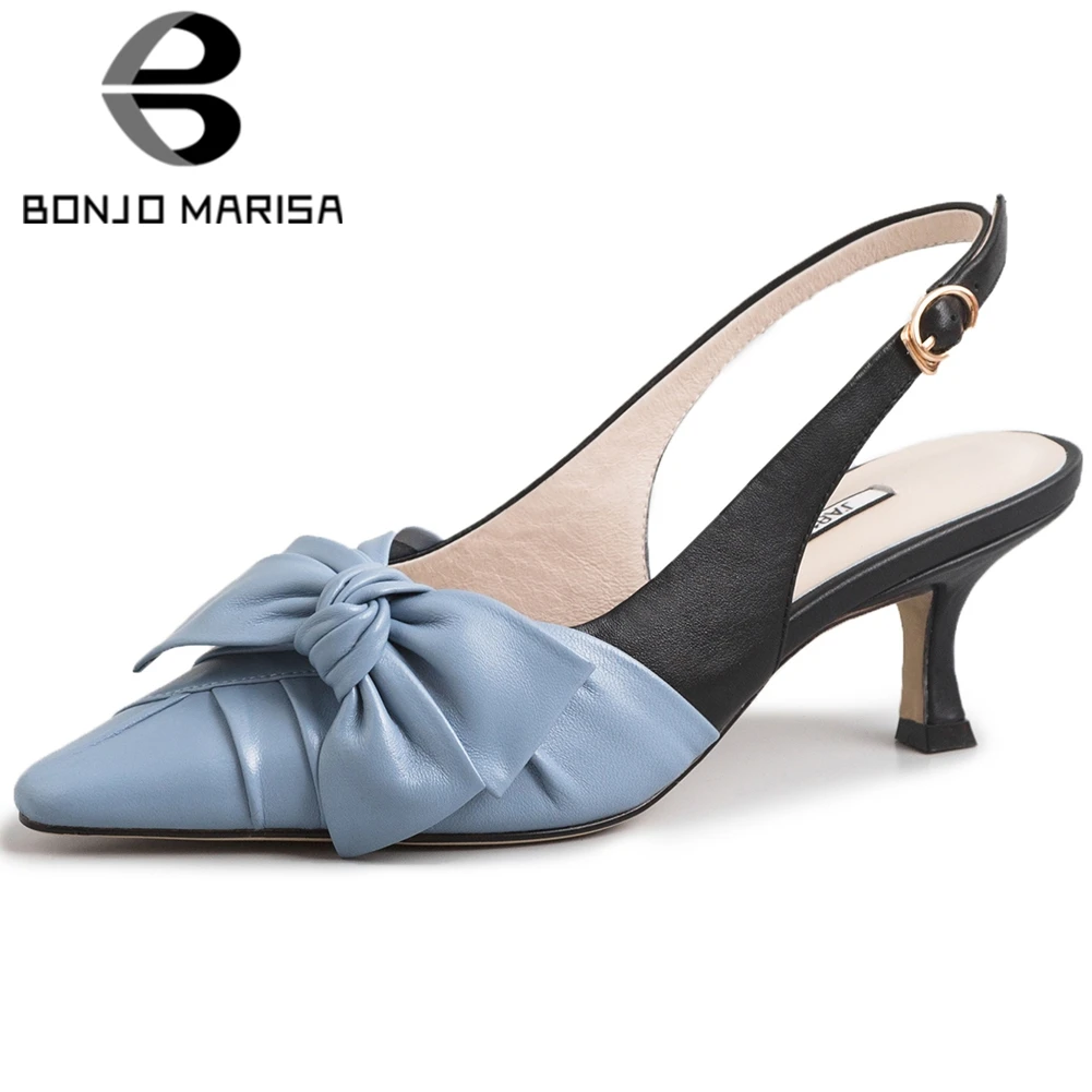 

BONJOMARISA New Sweet butterfly-knot Sandals 2020 Trendy mixed-color Real Leather Sandals Women Sexy High Heels Date Shoes Woman
