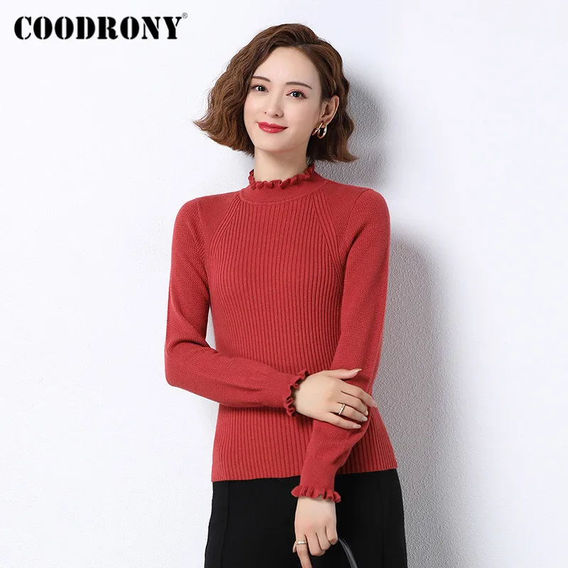 COODRONY Brand Basic Solid Color Knitting Warm Jumpers Female 2020 Winter Casual Soft Slim Ruffled Collar Sweaters Women W1126