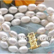 3row " Рис 8-10 мм Белый Пресноводный Культивированный жемчужный браслет