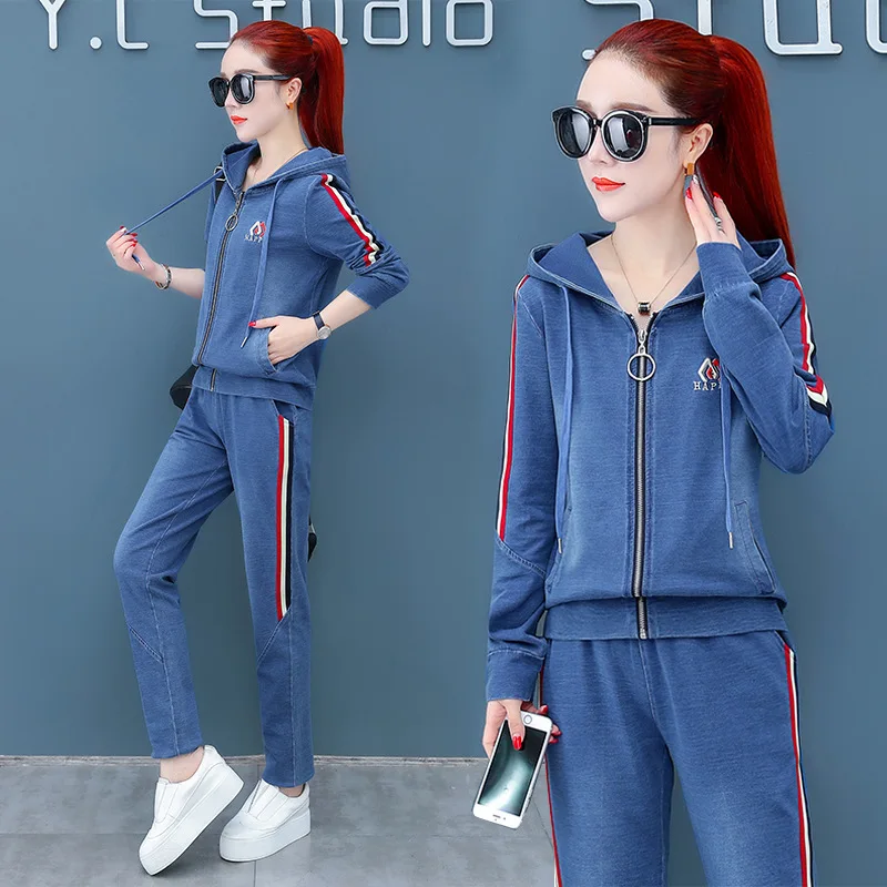 

Autumn Denim Hoodies Tracksuit Women Two Piece Set Streetwear Outfits Jeans Hooded Zipper Jacket Top And Pants 2pcs Sports Suit