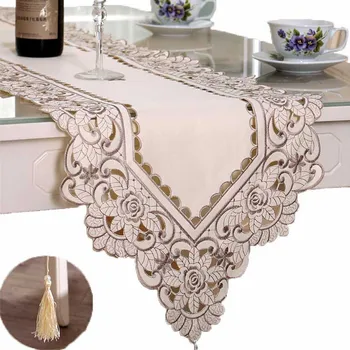 

Spring Style Embroider Hollow Out Table Flag Gray Fashion Rural Table Cloth Art Tea Table Runner
