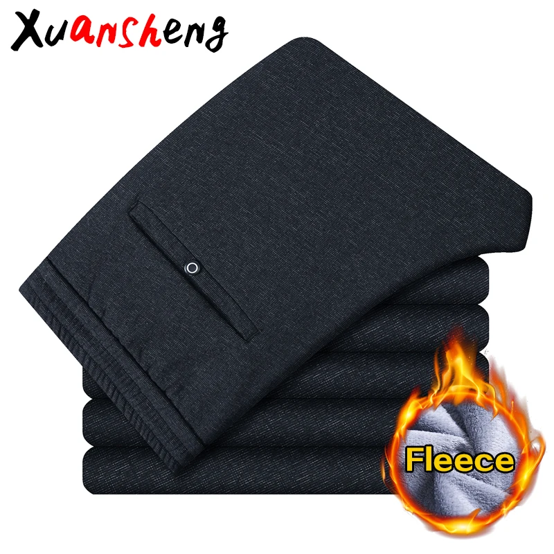 

Xuansheng fleece straight men's casual pants 2019 winter classic youth warm elastic brand streetwear blue black casual pants