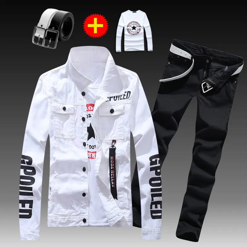 Men's Slim Fit Denim Jacket Pants 2pcs Set Long Sleeve Coats Letters Printed Casual Large Size Black White Red Boys Trousers Men's Slim Fit Denim Jacket Pants 2pcs Set Long Sleeve Coats Letters Printed Casual Large Size Black White Red Boys Trousers