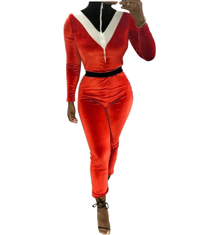 Красочные Лоскутные Бархатные колготки облегающий бархатный комбинезон для женщин с молнией спереди и круглым вырезом с длинным рукавом узкие брюки повседневные Комбинезоны - Цвет: red jumpsuit