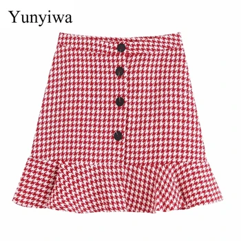 

2020 Women High Street Red Plaid Houndstooth Print Hem Ruffles Mini Skirt Faldas Mujer Ladies Single Buttons Chic Skirts