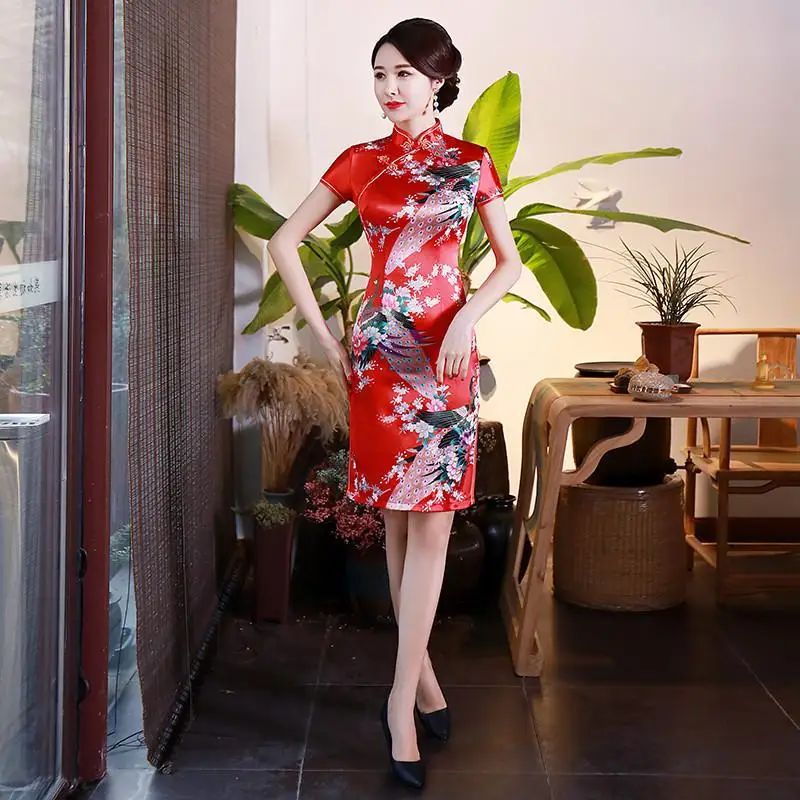 Популярное Розовое женское традиционное китайское платье с воротником-стойкой, классическое Ципао, винтажное сексуальное платье на пуговицах, большие размеры 3XL-6XL - Color: Red A