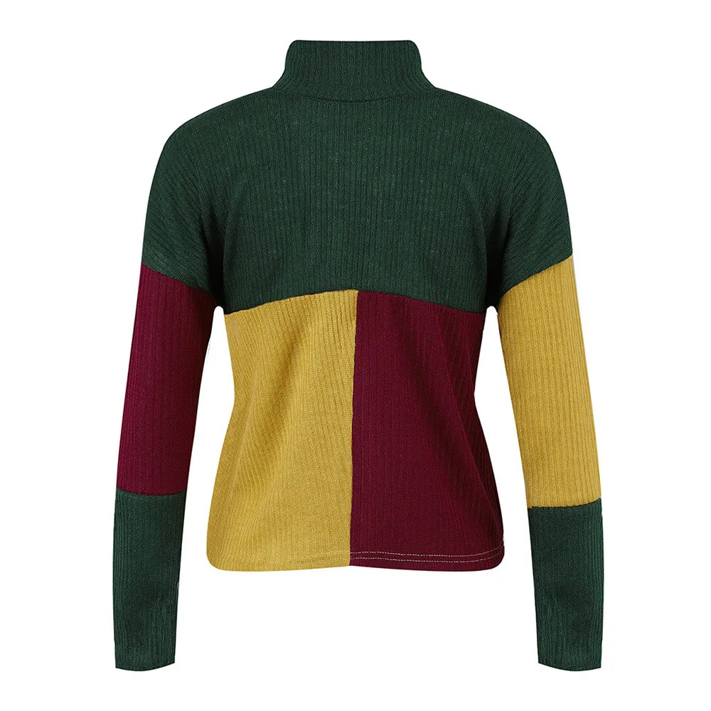 Jaycosin Women Colorblock Stand Long Sleeve Knitted Loose Sweater Tops Casual Quality Attractive Jumper Pullover Top Blouse
