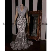Роскошное блестящее платье для выпускного вечера es африканская темнокожая девушка Русалка v-образный вырез длинное серебряное блестящее кружевное платье для выпускного вечера Вечернее платье 2K20