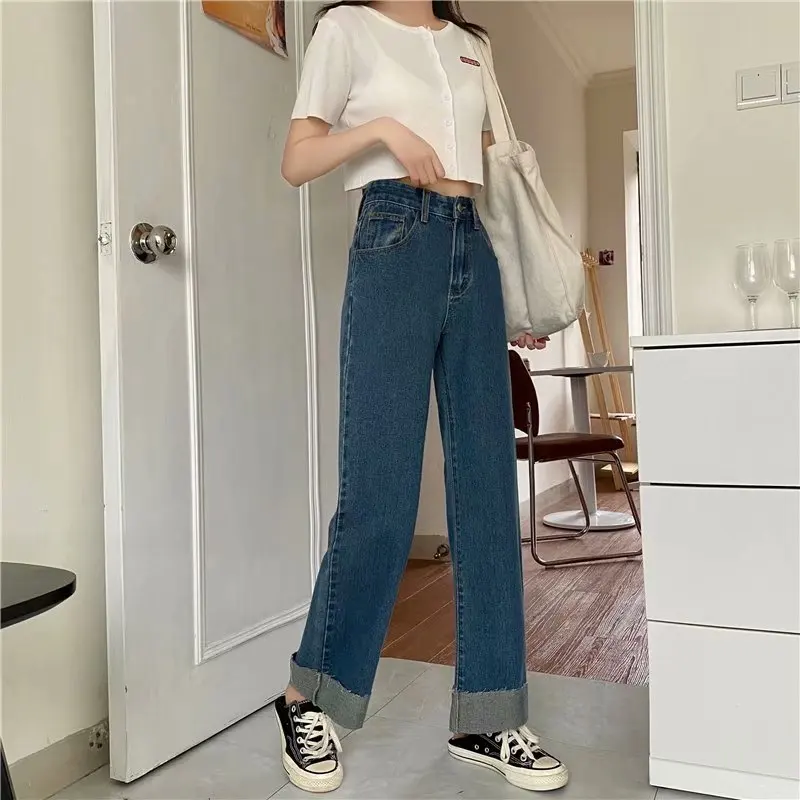 High-waist straight-leg wide-leg jeans women's spring/summer 2020 new loose-fitting thin black-grey vertical curling trousers