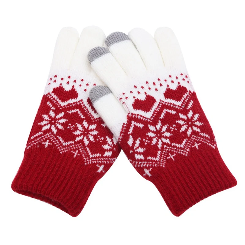 Теплые зимние перчатки для экрана шерстяные вязаные наручные перчатки снежинка полный палец унисекс перчатки варежки для женщин и мужчин - Цвет: RD