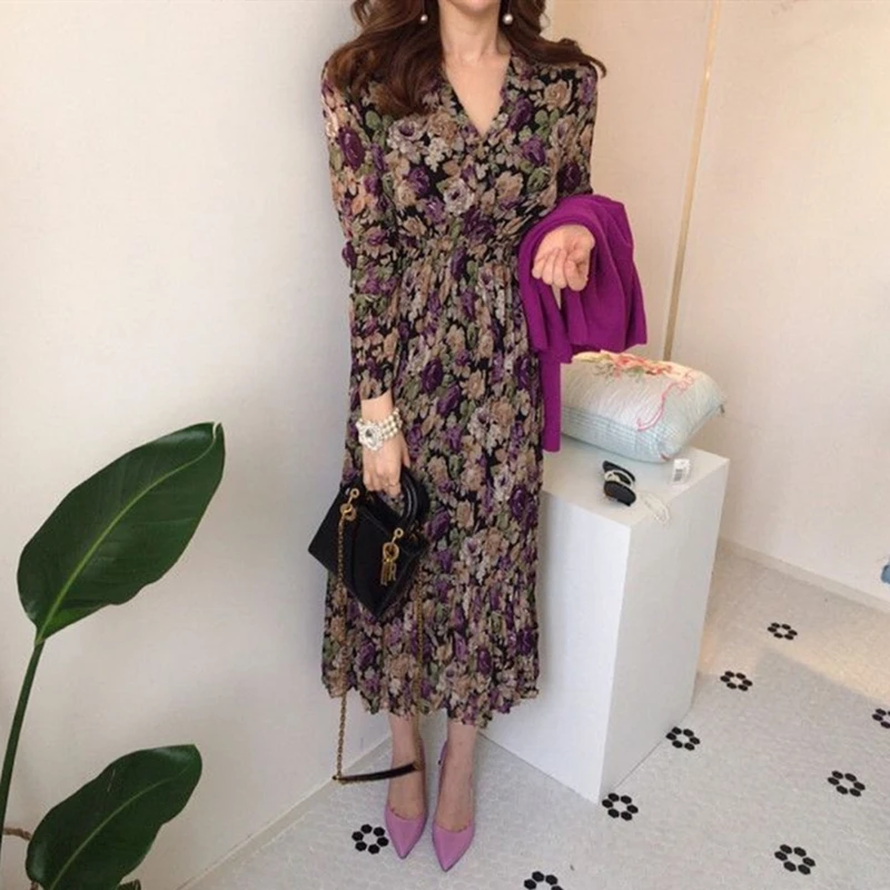 

Korea style vintage new Spring Summer Chiffon Floral Printing Dress Midi Dress Pleated Hem Elegant Party Vestidos