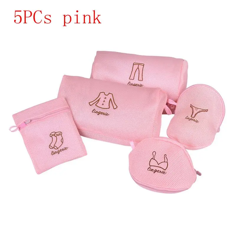 1/5pcs Foldable Nylon Washing Machine Mesh Net Wash Bags Zippered Laundry Bag Bra Socks Underwear Clothes Bag - Цвет: 5PCs pink