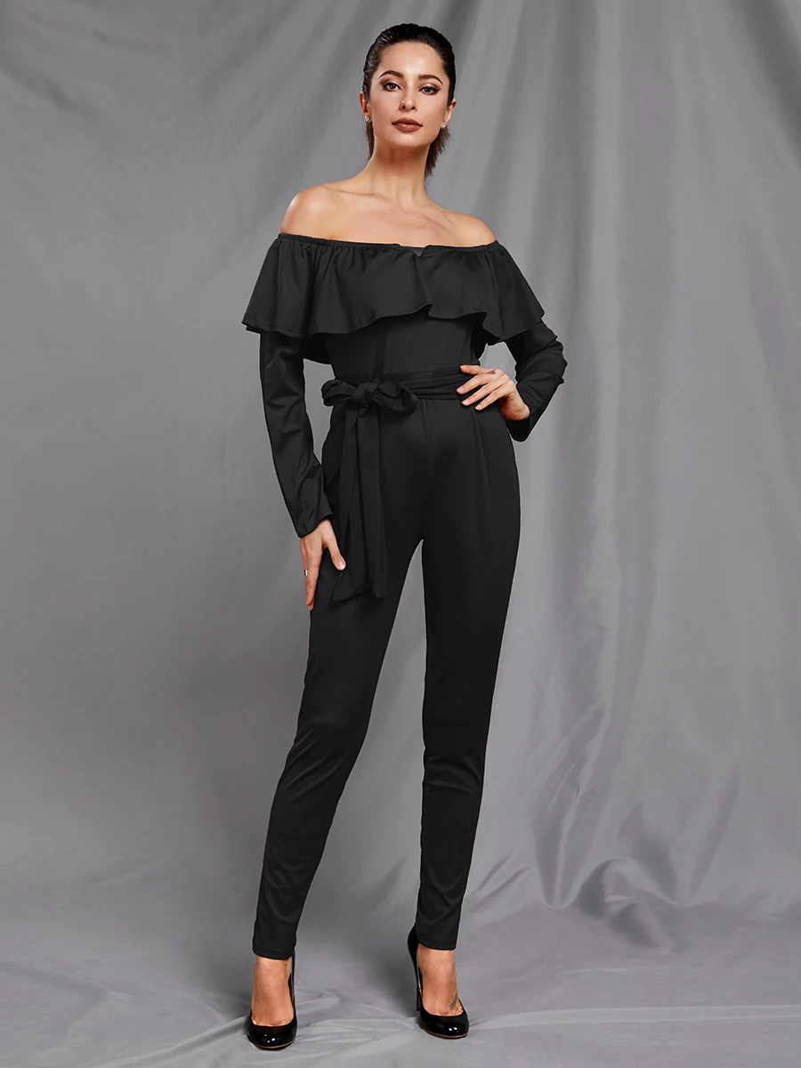 

Kureas Women Jumpsuit Long Sleeve Sexy Off Shoulder Overalls Fashion Elegant Ruffle Bodycon Rompers Party Night Club