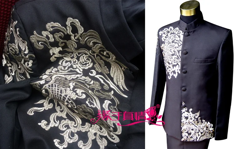 Китайский костюм со стоячим воротником для мужчин Slim Fit Tang мужской деловой/маскарадный костюм Homme платье для мужчин 2 шт. DJ хост вышивка черный Дизайнерский Костюм