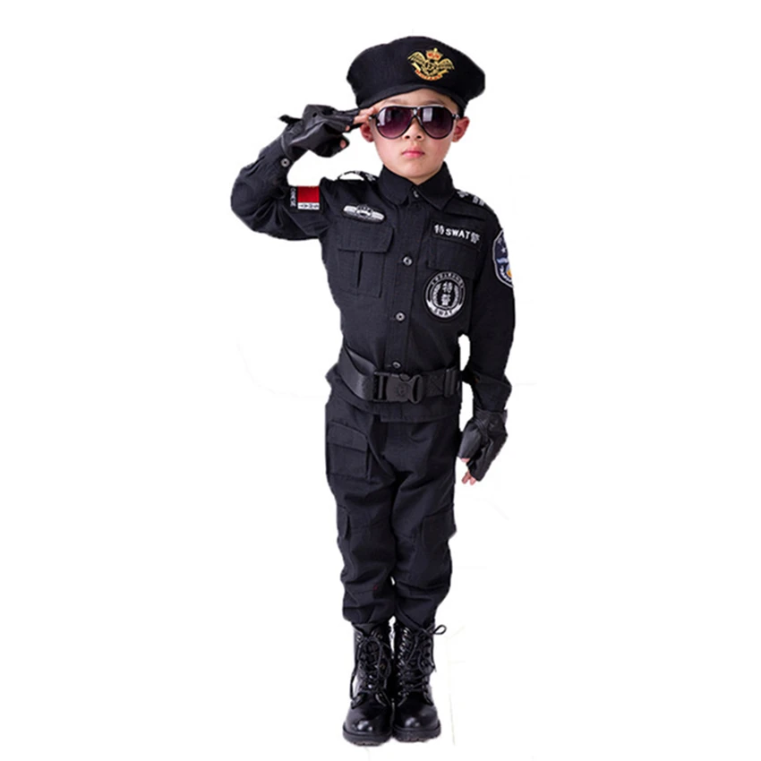 Костюмы полицейского для мальчиков, специальная форма полиции, подарок на день ребенка, армейское пальто с длинными рукавами+ штаны+ ремень+ перчатки+ шляпа, одежда для костюмированной вечеринки