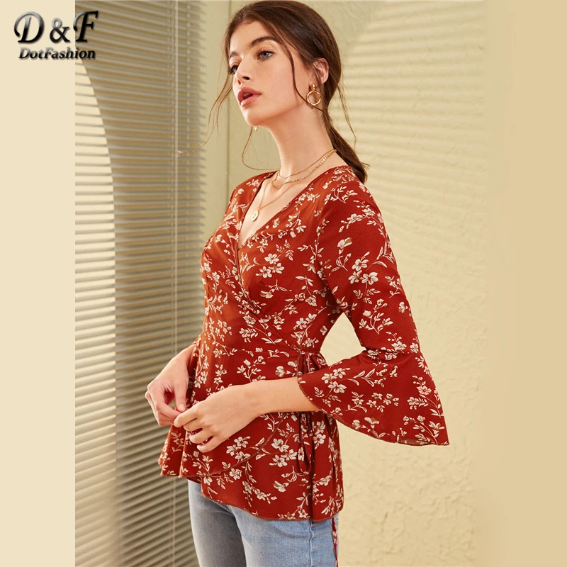 Dotfashion Повседневная Блузка с v-образным вырезом и цветочным принтом для женщин, осень, 3/4 рукав, блуза с поясом, Женский рукав-Волан