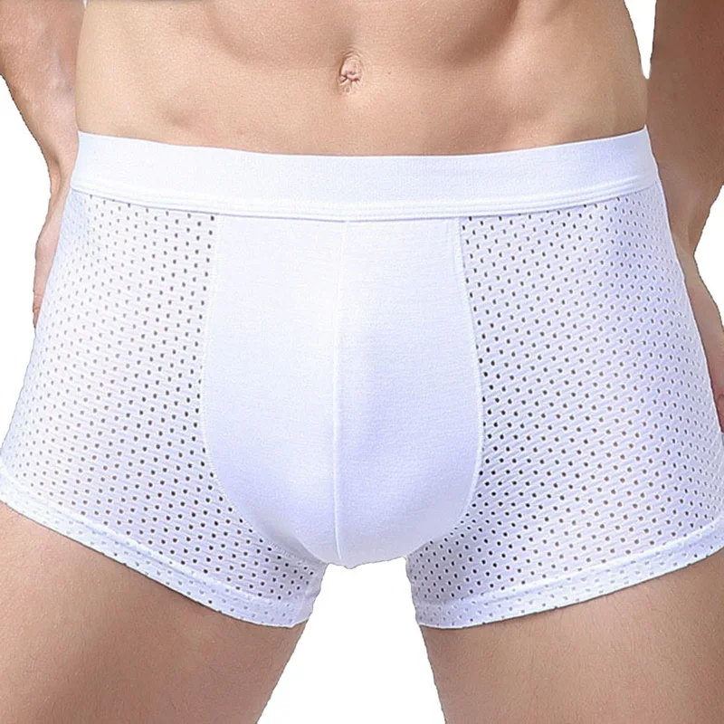 Breathable Quick Dry Flat Boxers Underwears Men Mesh Hollow Plus Size Solid Boxer Male Elastic Waist Underpants Underwear men ultra thin t back sexy sheer mesh smooth underwear ice silk comfortable underpants breathable quick dry soft bikini thongs