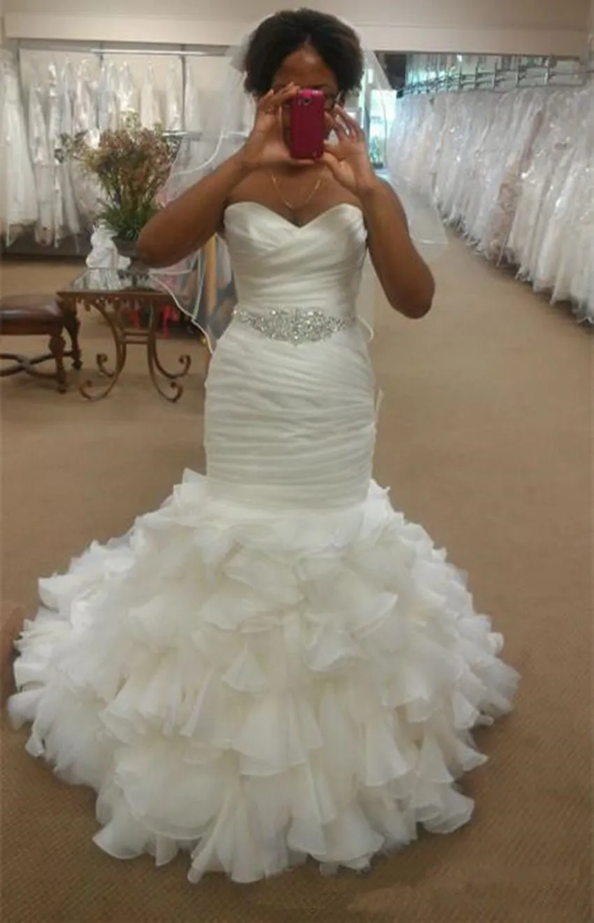 as picture Высокое качество Русалка Свадебные платья Белый Милая пояса vestido de noiva Свадебные платья с оборками спинки многоуровневый суд поезд - Цвет: as picture