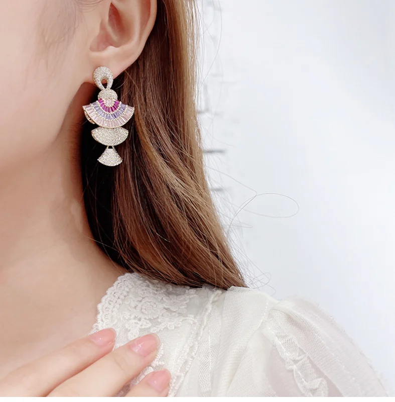 Fashion Heavy industry color zircon earrings stereo gradient pink fan-shaped earrings women A163