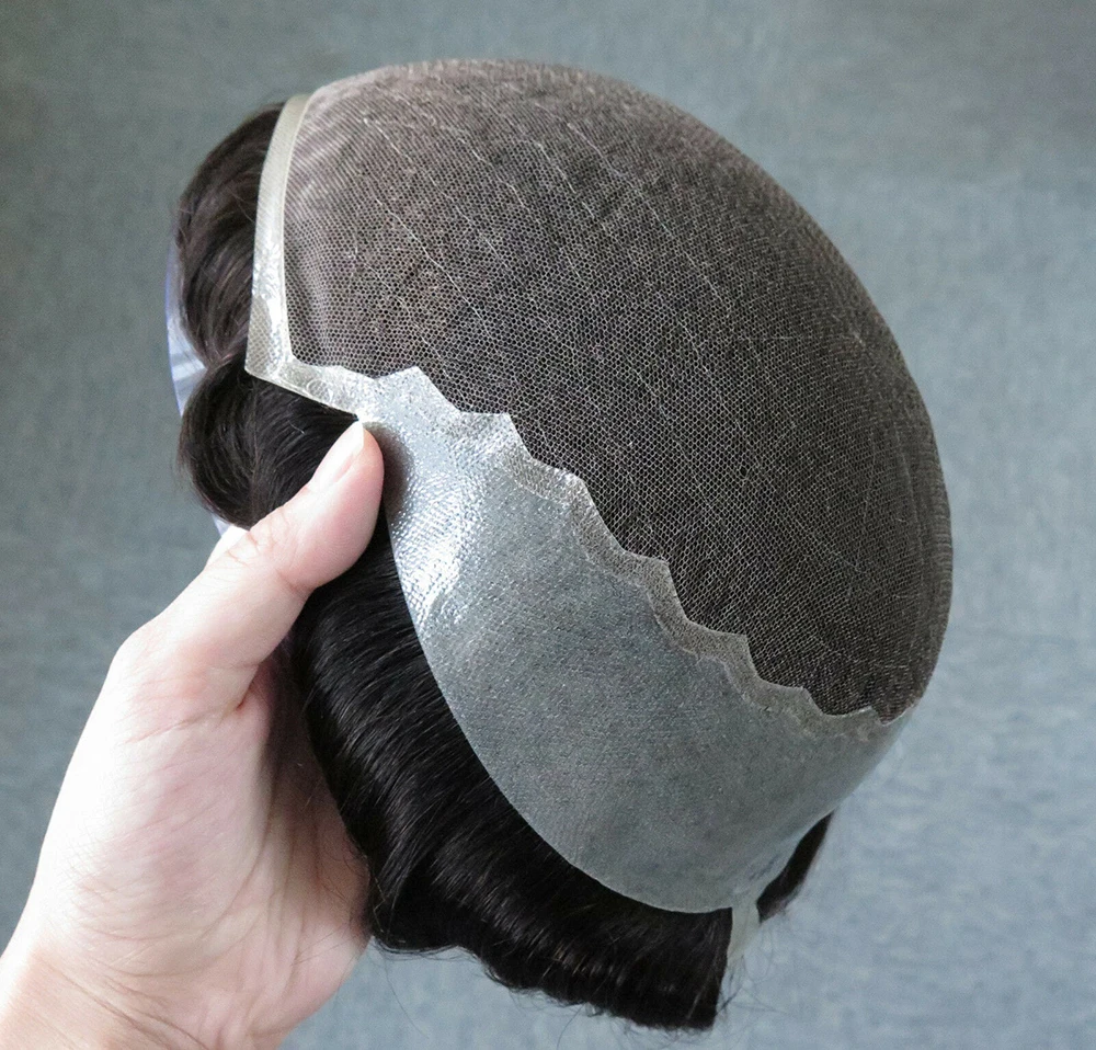 SSH Bleached Knots Hairpiece Remy Human Hair Prosthesis Breathable French Lace Frontal Base Mens Wig Toupee Replacement System