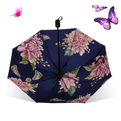 Manual Folding Umbrella Women Butterfly Blossom Flowers Sunny Rainy Umbrella 3-folding 8k Windproof Anti-UV Cute Umbrella Girls - Цвет: navy blue flower