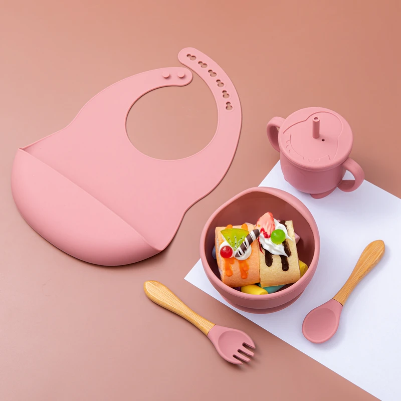 5 pçs/1 conjunto silicone tigela de alimentação do bebê utensílios de mesa à prova dnon água colher antiderrapante louça bpa livre pratos de silicone para utensílios de mesa do bebê