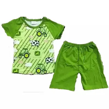 

Free shipping baby boy clothes cow tractor print style top match pure color green shorts children clothes summer baby boy outfit