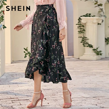 

SHEIN Bohemian Black Ruffle Hem Wrap Knotted Floral Skirts Women Spring Belted High Waist Ladies Sheer Straight Long Skirt