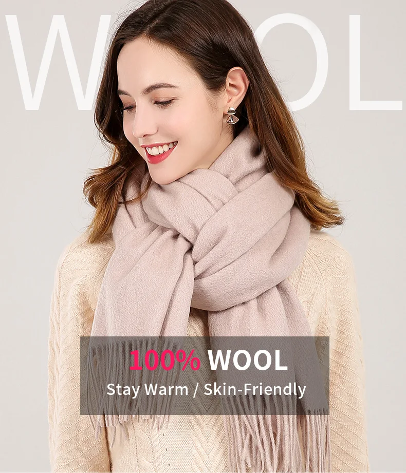 Winter Real Wool Scarf Women Echarpe Brand Tassel Shawl and Wraps Warm Foulard Pashmina Solid Beige Pure Wool Scarves
