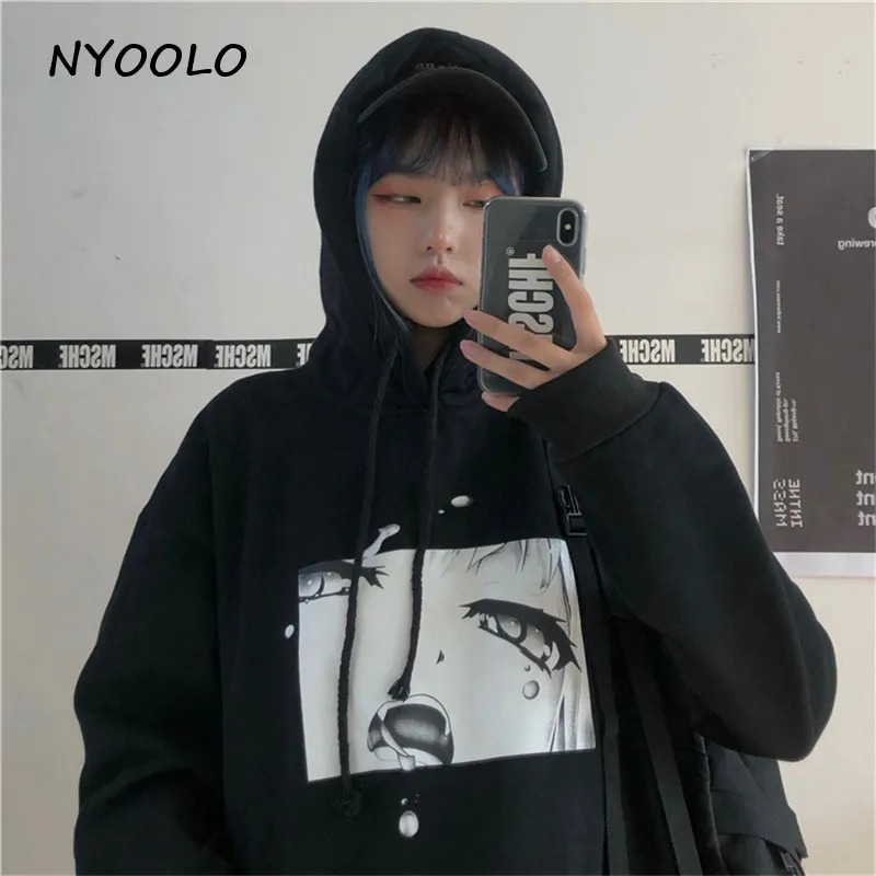 NYOOLO Харадзюку, винтажные уличные комиксы для девочек, с принтом, плюс бархатные теплые толстовки, Осень-зима, Свободный пуловер с капюшоном, Женская толстовка