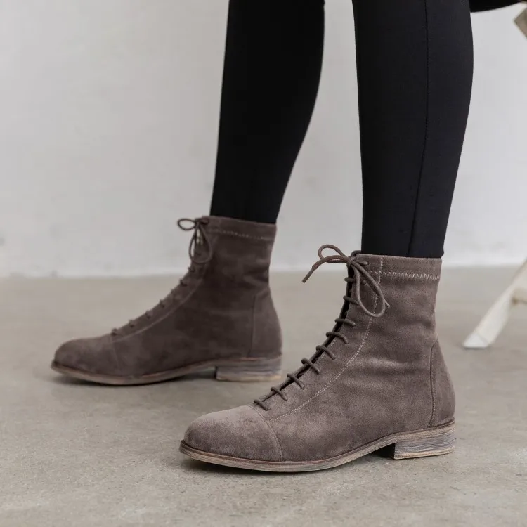 Женские замшевые ботильоны на плоской подошве; повседневные ботинки; женские ботинки на шнуровке в стиле ретро; ботинки оксфорды на плоской подошве в студенческом стиле - Цвет: Серый