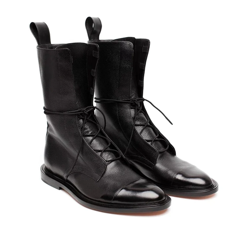Vertvie/ черные зимние мотоциклетные ботинки женские ботинки до середины икры на шнуровке в британском стиле ботинки на низком каблуке в стиле панк Женская обувь больших размеров