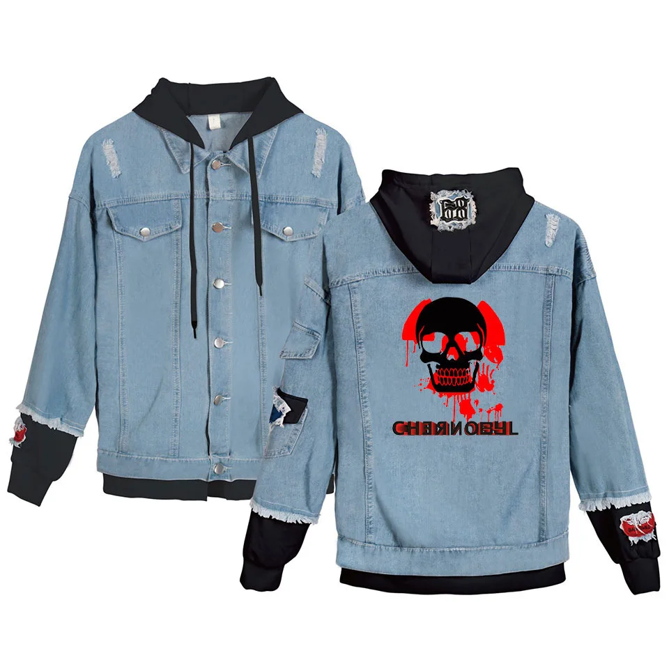 

Waidx Skull Long Denim Jacket Mens Chernobyl Warm Jean Jacket with Black Radiation Sign Coat Outwear Male Cowboy 4XL