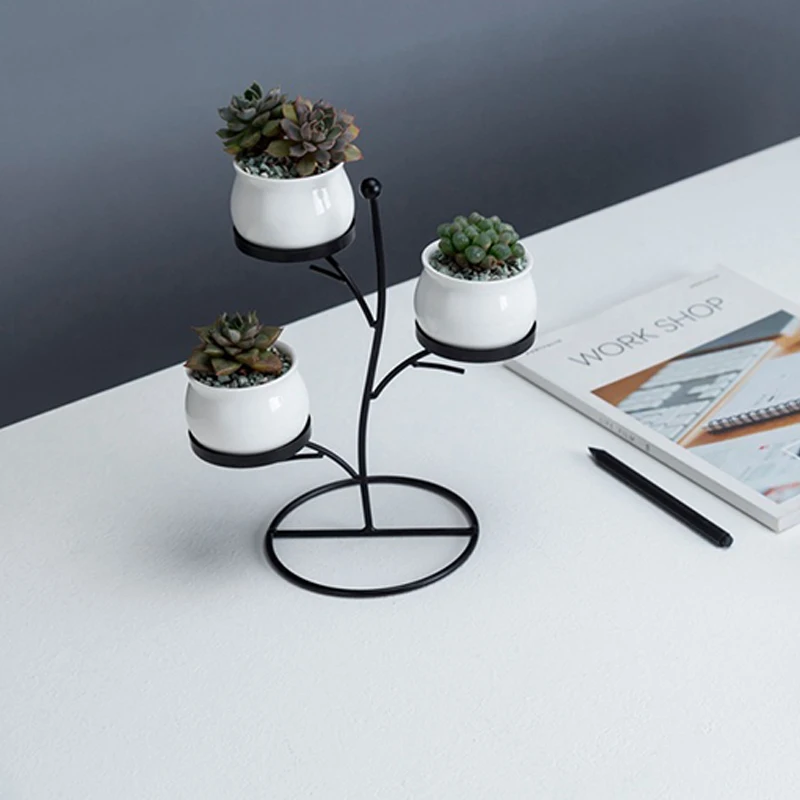 

Nordic Style Ceramic 3 Flower Pot with Iron Frame Planter Plant Holder Plant Desk Office Decoration Ornament