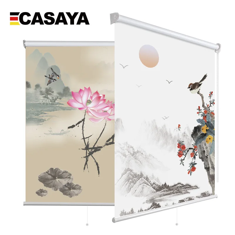 

Customized 100% polyester blackout roller blinds Chinese painting landscape lotus screen partition roller blinds