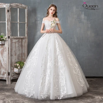 

Off-shoulder Lace Tulle Dress 2020 Luxury Pearls Bridal Ball Gown Beading Floor-length Dress with Flowers Backless Lace-up Dress
