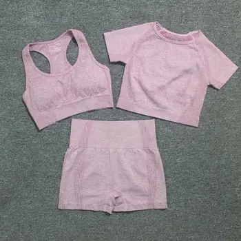

3PCS Seamless Yoga Set Women Gym Workout Clothes Sports Bra+Short Sleeve Fitness Crop Top+High Waist Shorts Legging Sports Suits