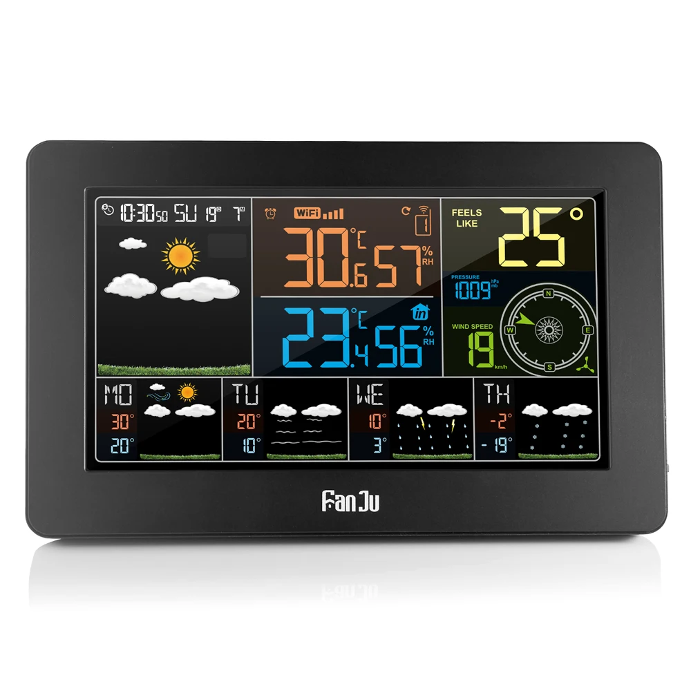 Цифровой ЖК будильник FanJu W4 метеостанция с Wi Fi для дома и улицы часы прогнозом