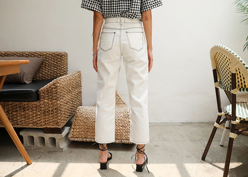 Chic White Jeans Women's Mid Waist Front Button Straight Jeans for Women's Stretch Jeans Women's Skinny Denim Pencil Pants