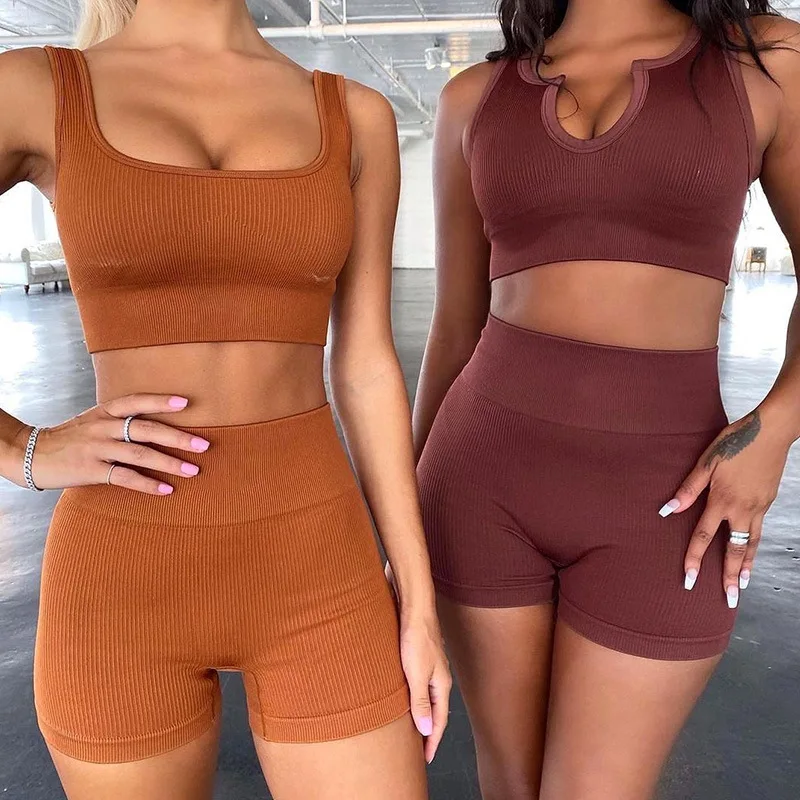 Women Workout Biker-Shorts Yoga-Sets Active-Wear Seamless 2piece-Set