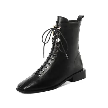

100% cow leather low square Heels ladies ankle boots Women's Boots Square Toe lace up Working Night Club Shoes Woman