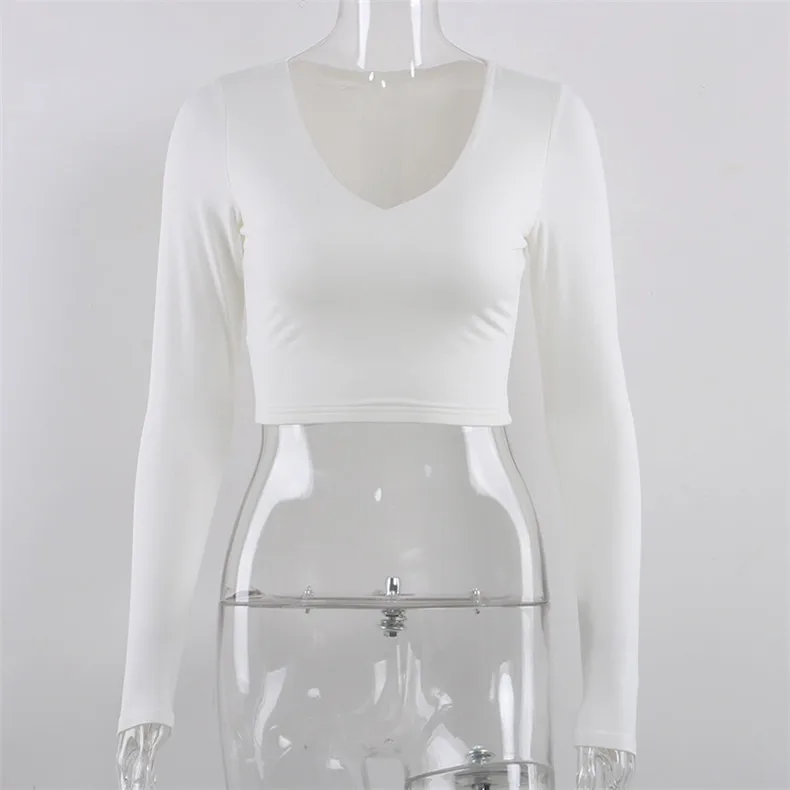 Forefair, v-образный вырез, базовый короткий топ для женщин, Осень-зима, модная однотонная Клубная одежда, тонкая короткая черная белая рубашка с длинным рукавом