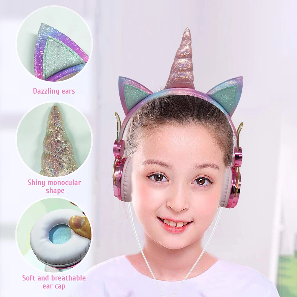 Cute Headphones children's headset color electroplated unicorn earphone mobile computer universal with Mic Headset for girl gift