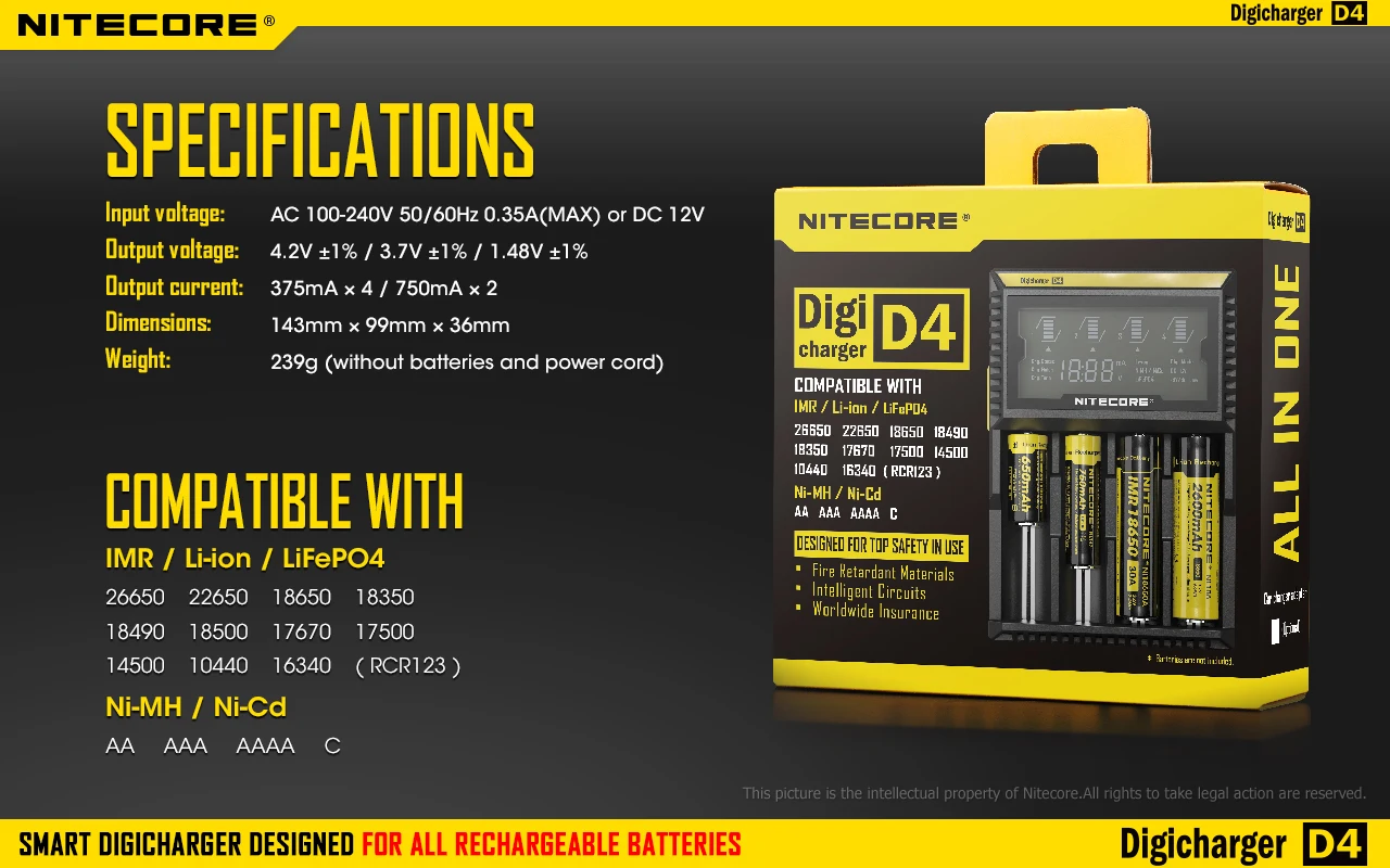 Оригинальное зарядное устройство NITECORE D4