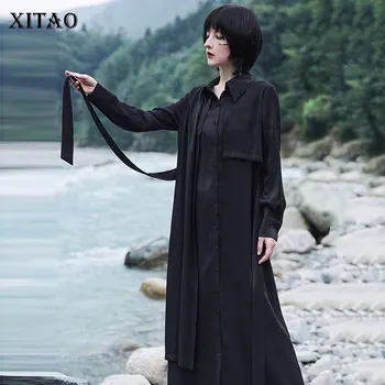 

XITAO Pleated Black Dress Fashion New Women Single Breast Pocket 2020 Autumn Bandage Loose Elegant Minority Style Dress ZP3665