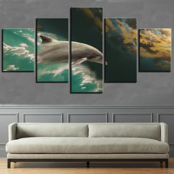 

5 Pieces Animal Canvas Painting Pictures Flying Dolphin In the Sky Posters Sea Wallpapers For Home Decor Ocean Park Decoration