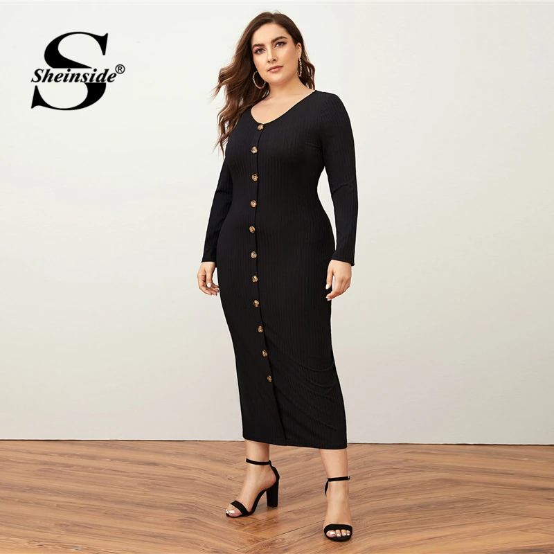 Najtaniej Sheinside Plus Size głęboki dekolt w szpic sukienka ołówkowa kobiet 2019 jesień latarnia rękaw stałe sukienki midi pań Burgundy popędzający sukienka