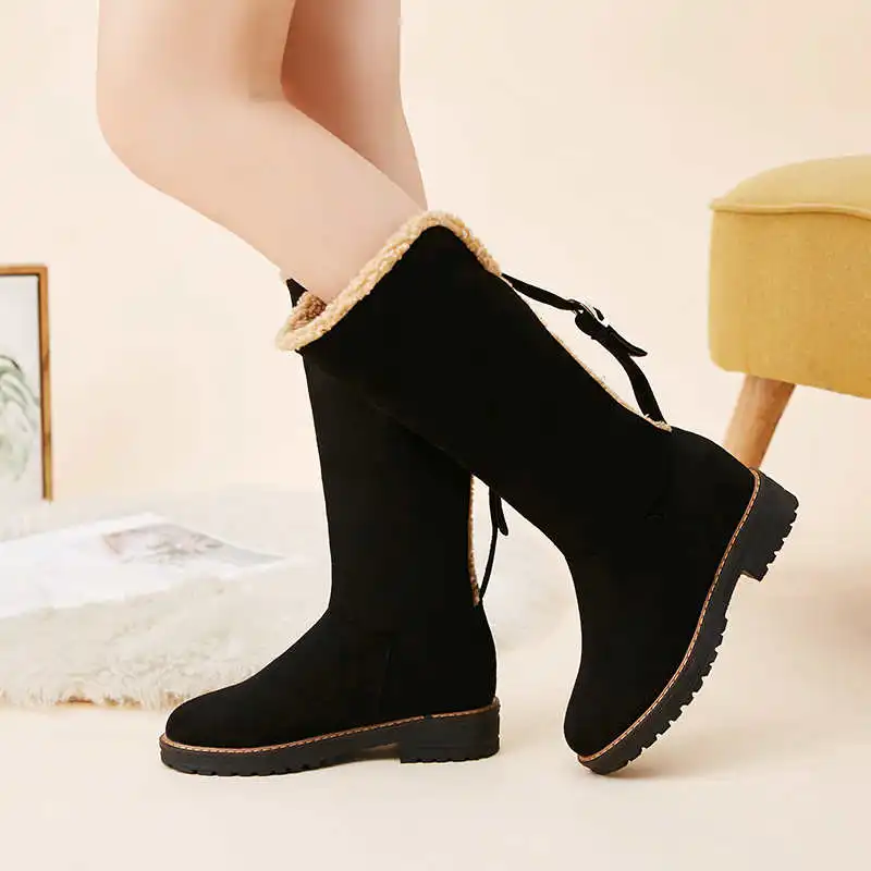 Odetina Women Fashion Winter Buckle Slip On Non-slip Mid Calf Boots Lady Faux Suede Block Low Heel Platform Round Toe Snow Boots - Цвет: Черный