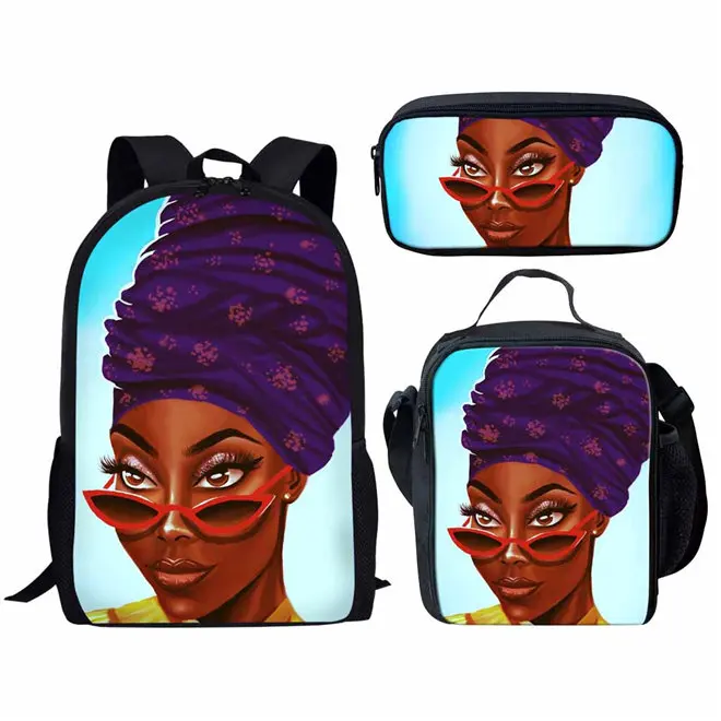WHEREISART Kids Backpack Girls for School Black Art African Girls Design Bagpack Children 3pcs/set Schoolbag Bookbag Mochila - Цвет: YQ4587CGK